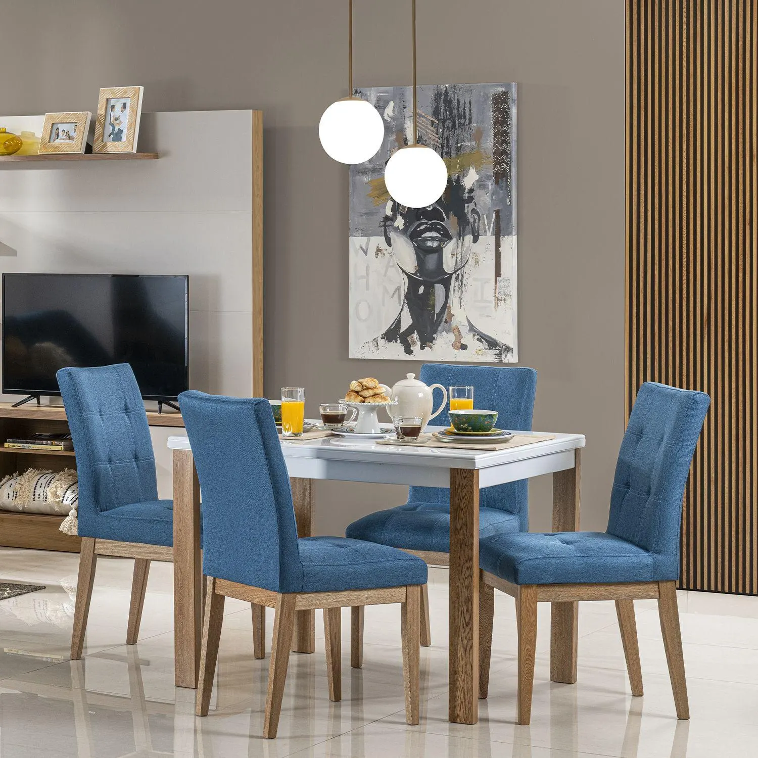 Comedor Kepler 4 puestos Lino Indigo, Natural y Blanco