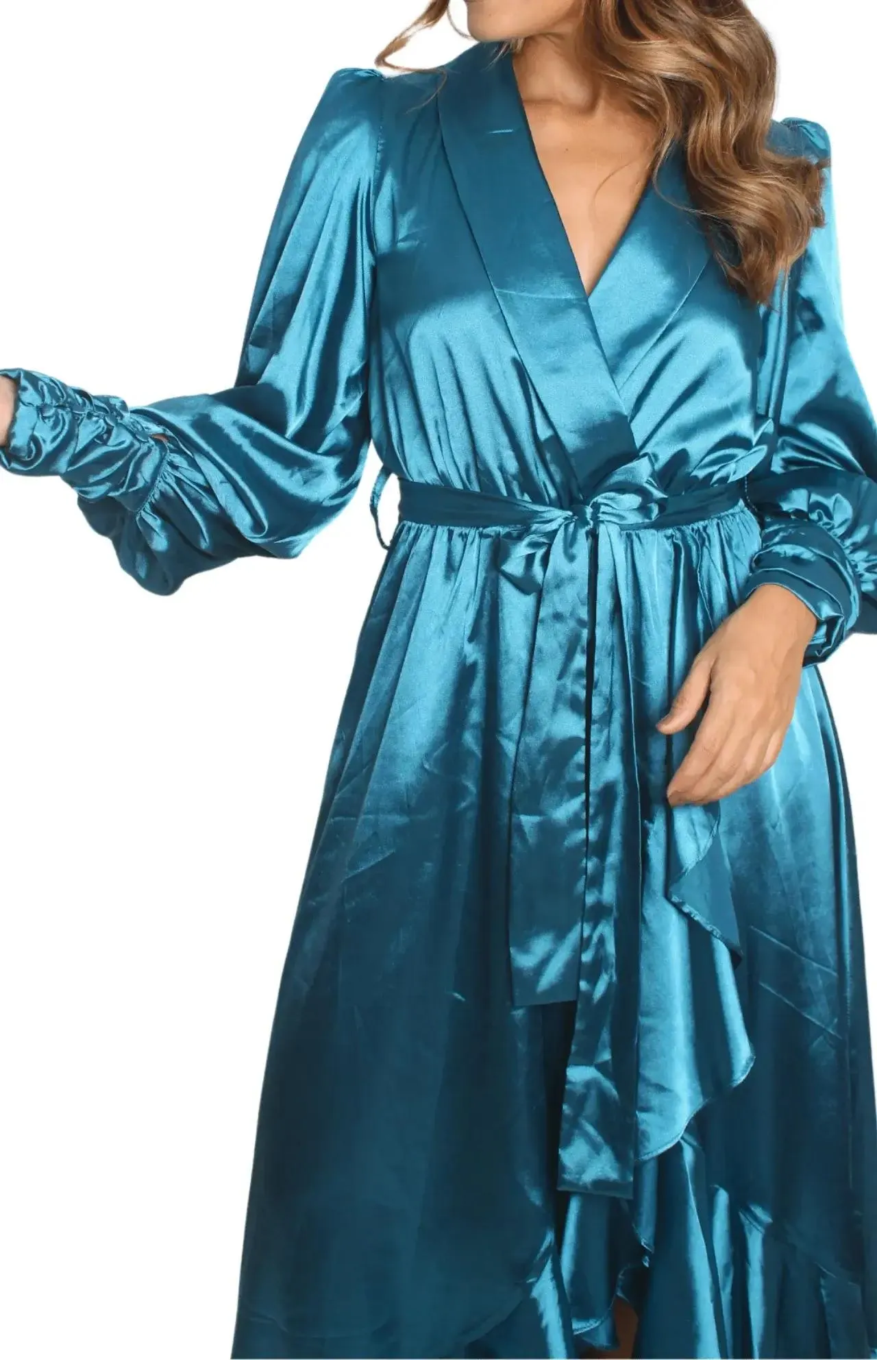 Vestido Azul Satinado con Cinturón