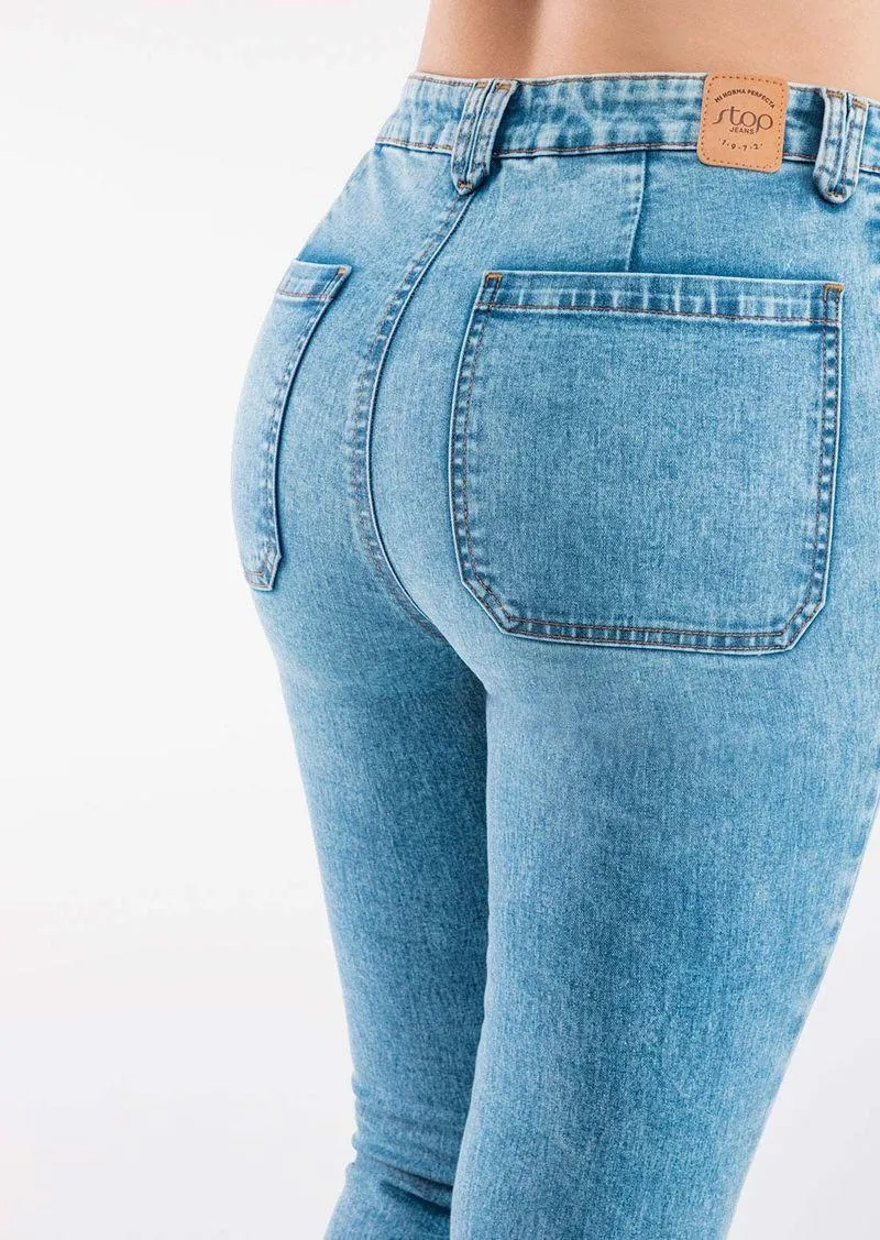 Jean levantacola tiro alto bota tubo