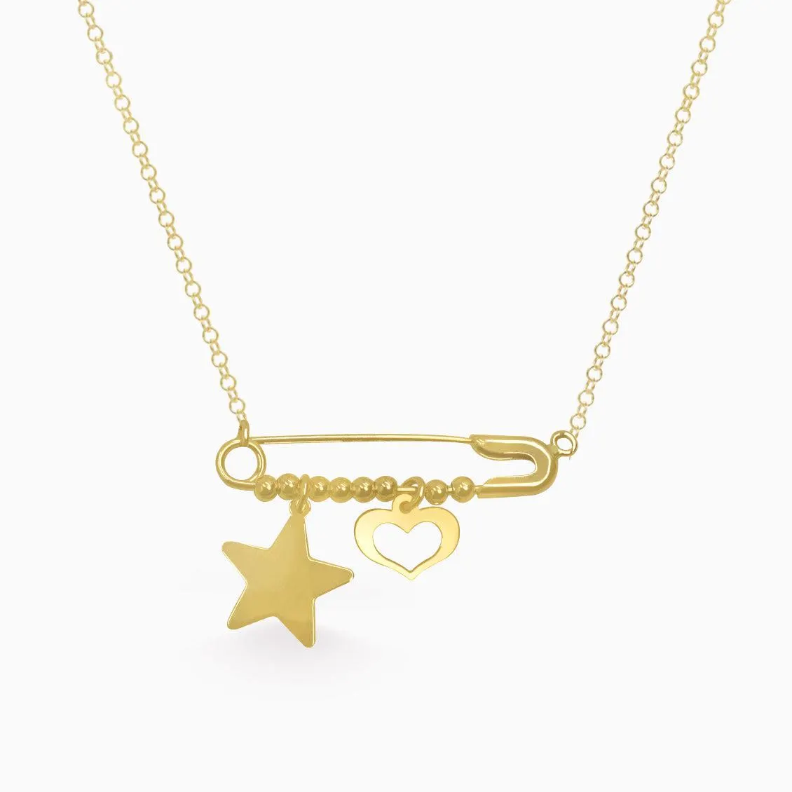 Collar en oro amarillo de 18K imperdible con bolitas, estrella y corazón