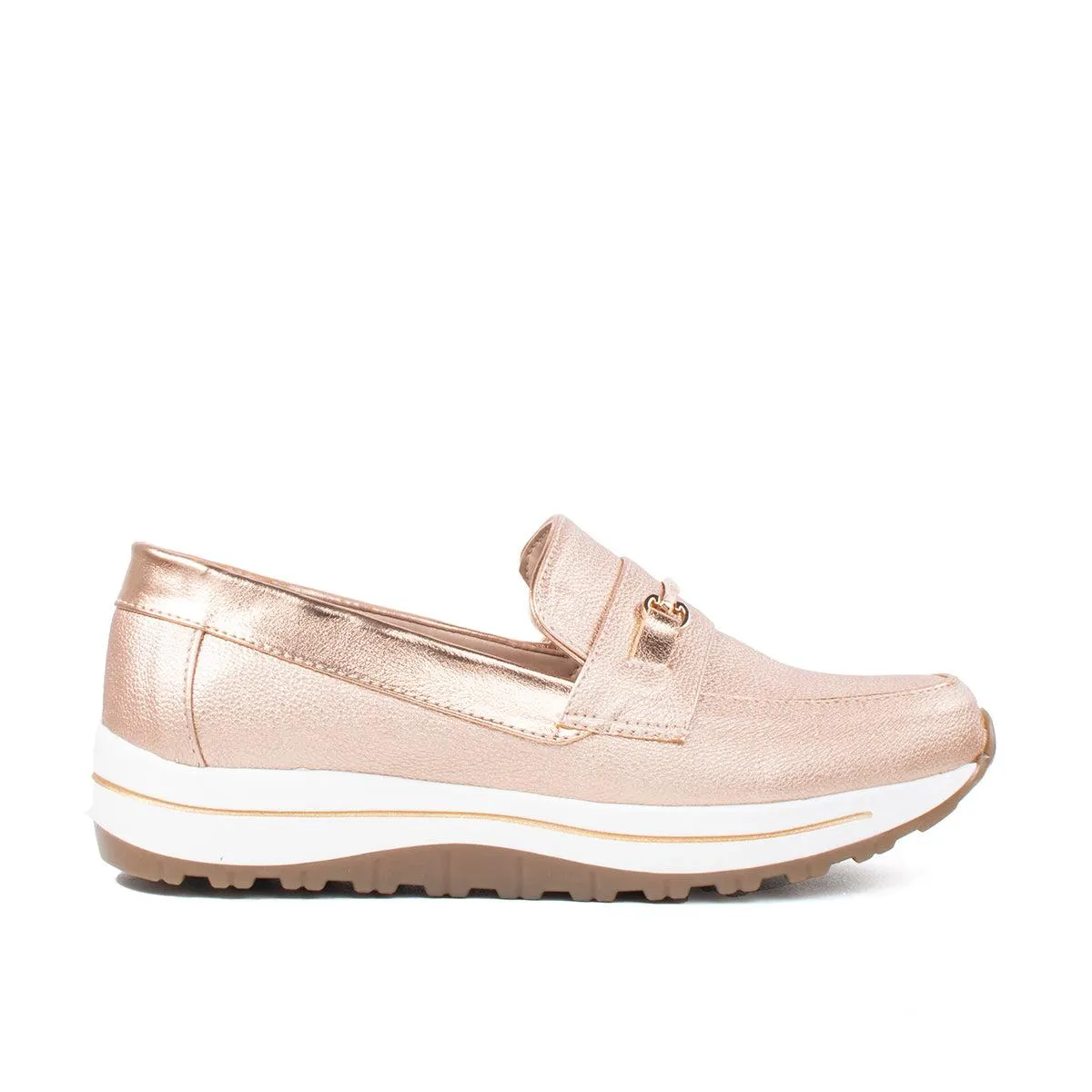 Mocasín color oro rosa con aplique dorado, para dama