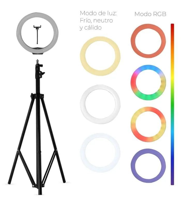 Aro de Luz de Colores RGB de 26 cm con Trípode de 2.1m