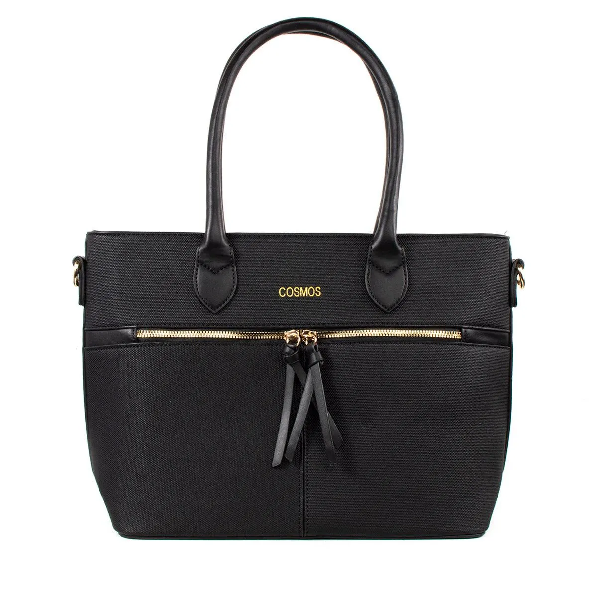 Bolso tipo cartera color negro con cierre frontal, para dama