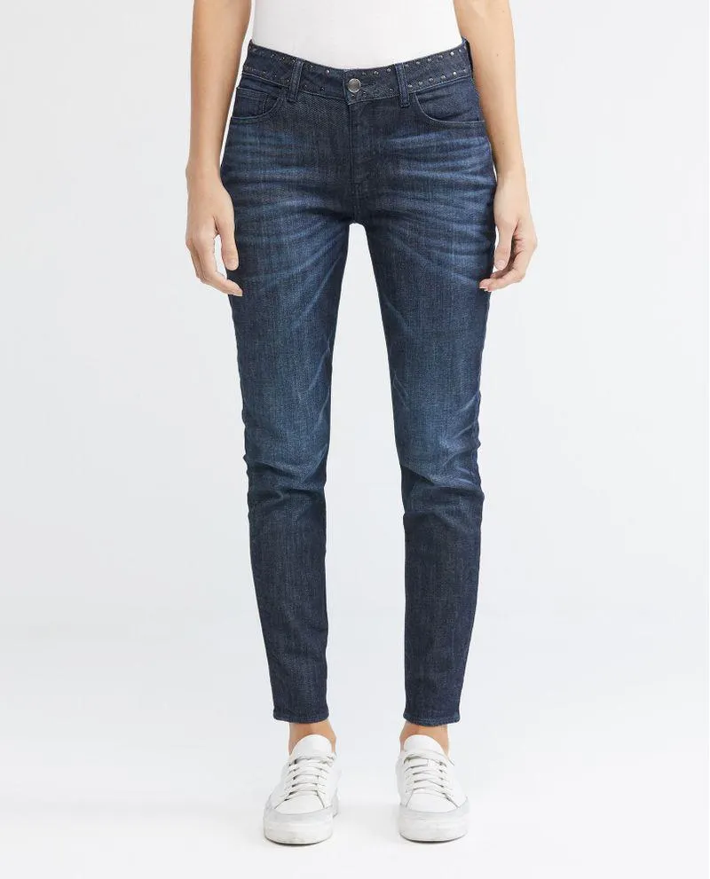 Jean de Mujer High Rise, Cosmo, Bota Skinny - Azul Oscuro + Taches