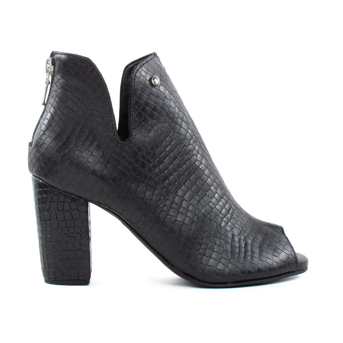 Botín de cuero negro texturizado, para dama