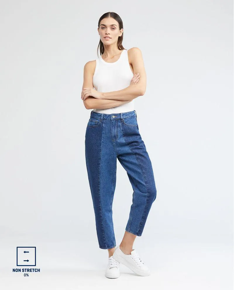 Jean de Mujer Ballon Leg, Boot Cut - Paneling Azul Medio + Azul Oscuro