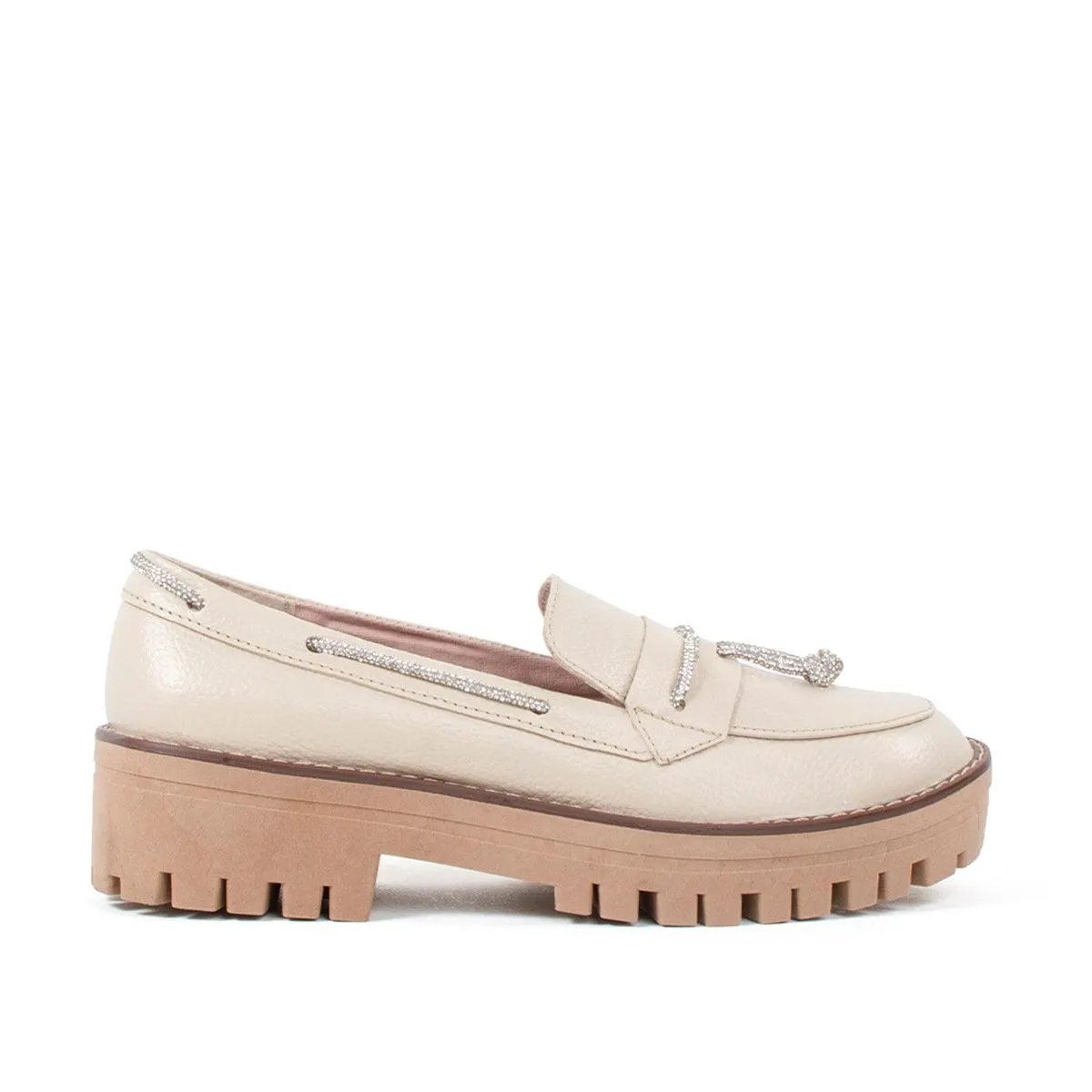 Mocasines de cuero color caqui con cordones metalizados