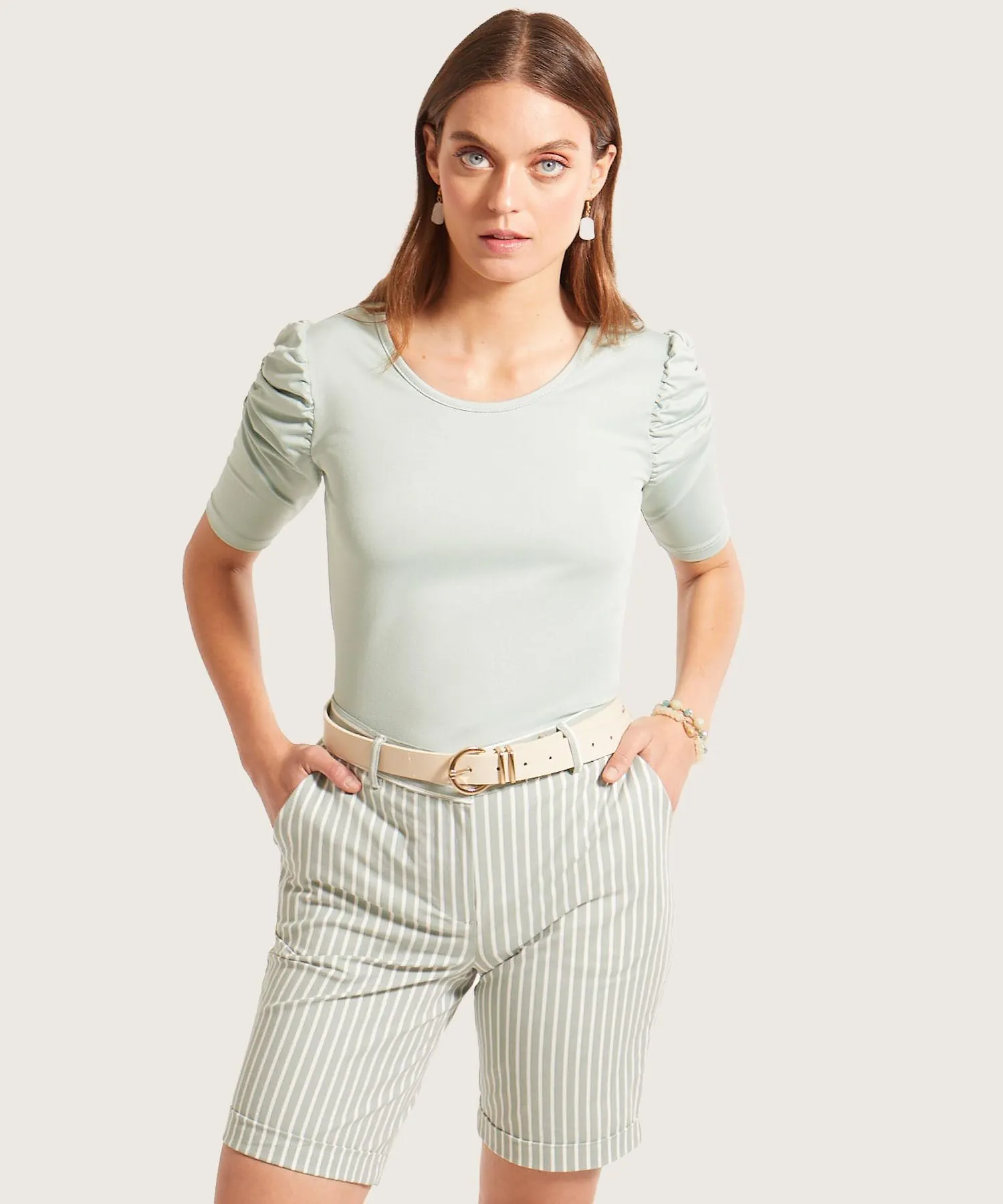 Camiseta Manga Corta Unicolor Con Ruche