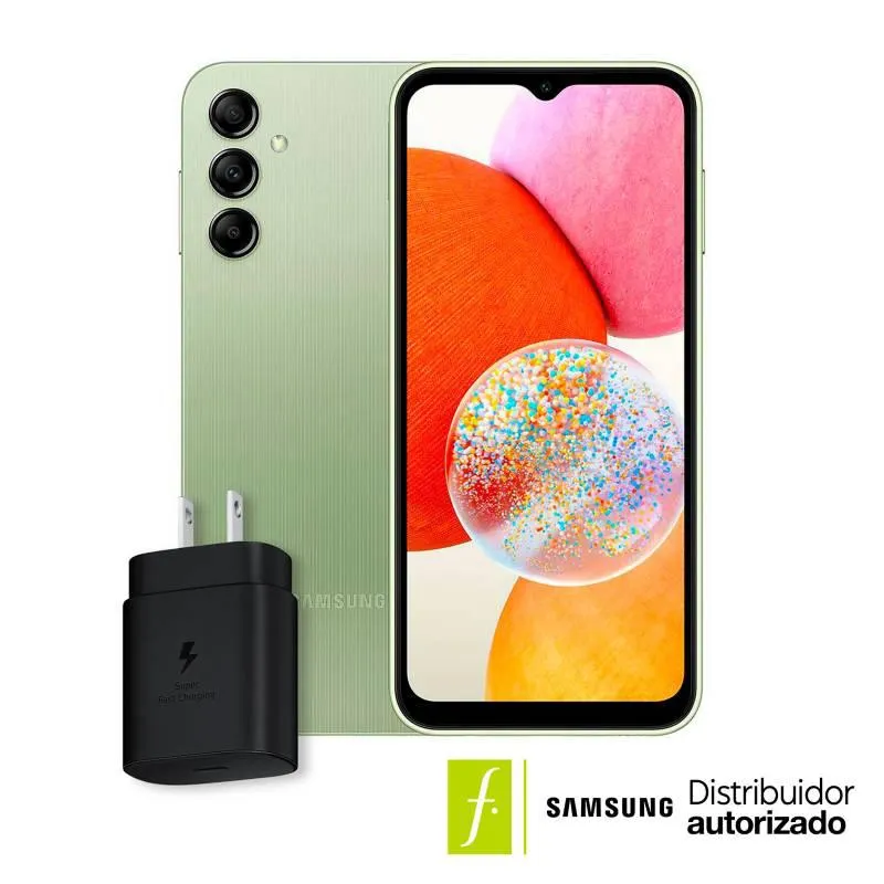Celular Samsung Galaxy A14 + Cargador 25W 128GB 4GB RAM |Cámara posterior 50MP | Cámara frontal 13MP | Memoria expandible 512GB