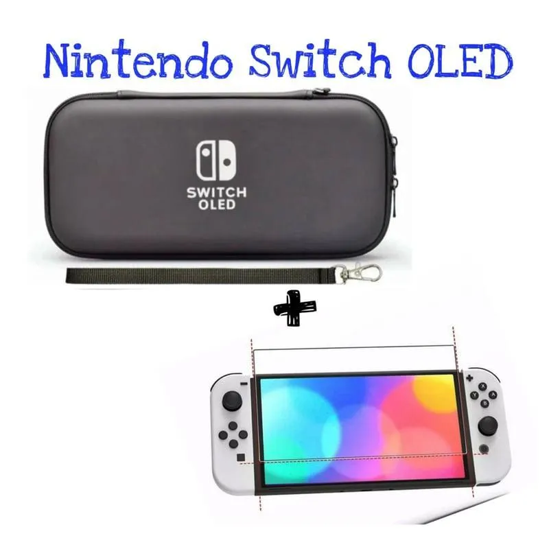Estuche Rigido Negro + Vidrio Templado Para Switch Oled
