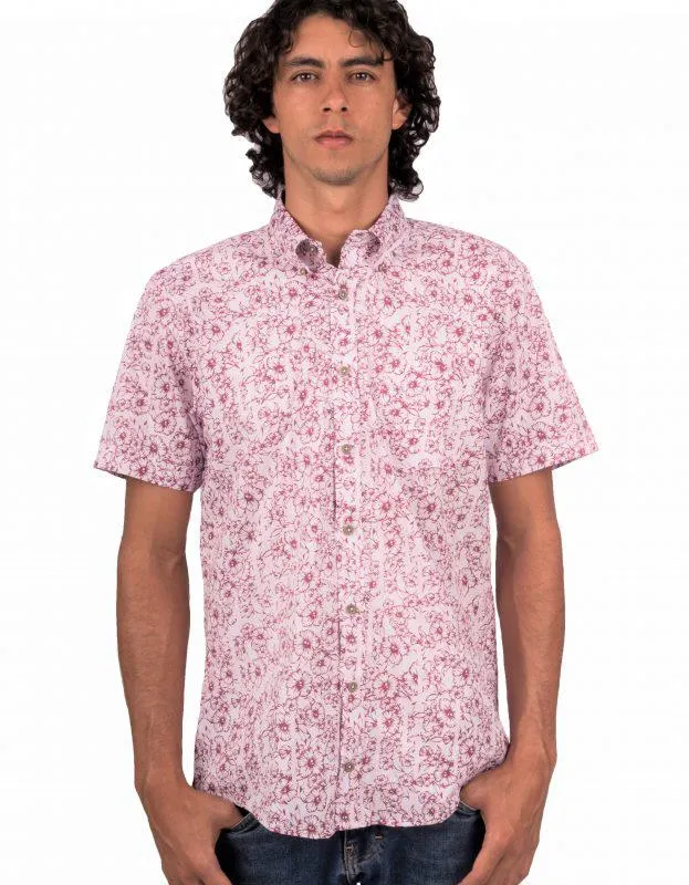 Camisa Manga Corta Rayas Delgadas Rosa y Flores Vino – Moldería informal
