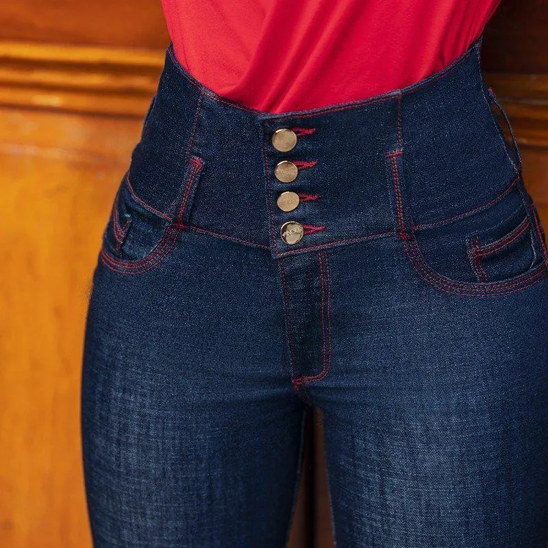 Jean Tiro Alto 4 Botones Pretina Extra Realce, Bota Tubo Con Bolsillos