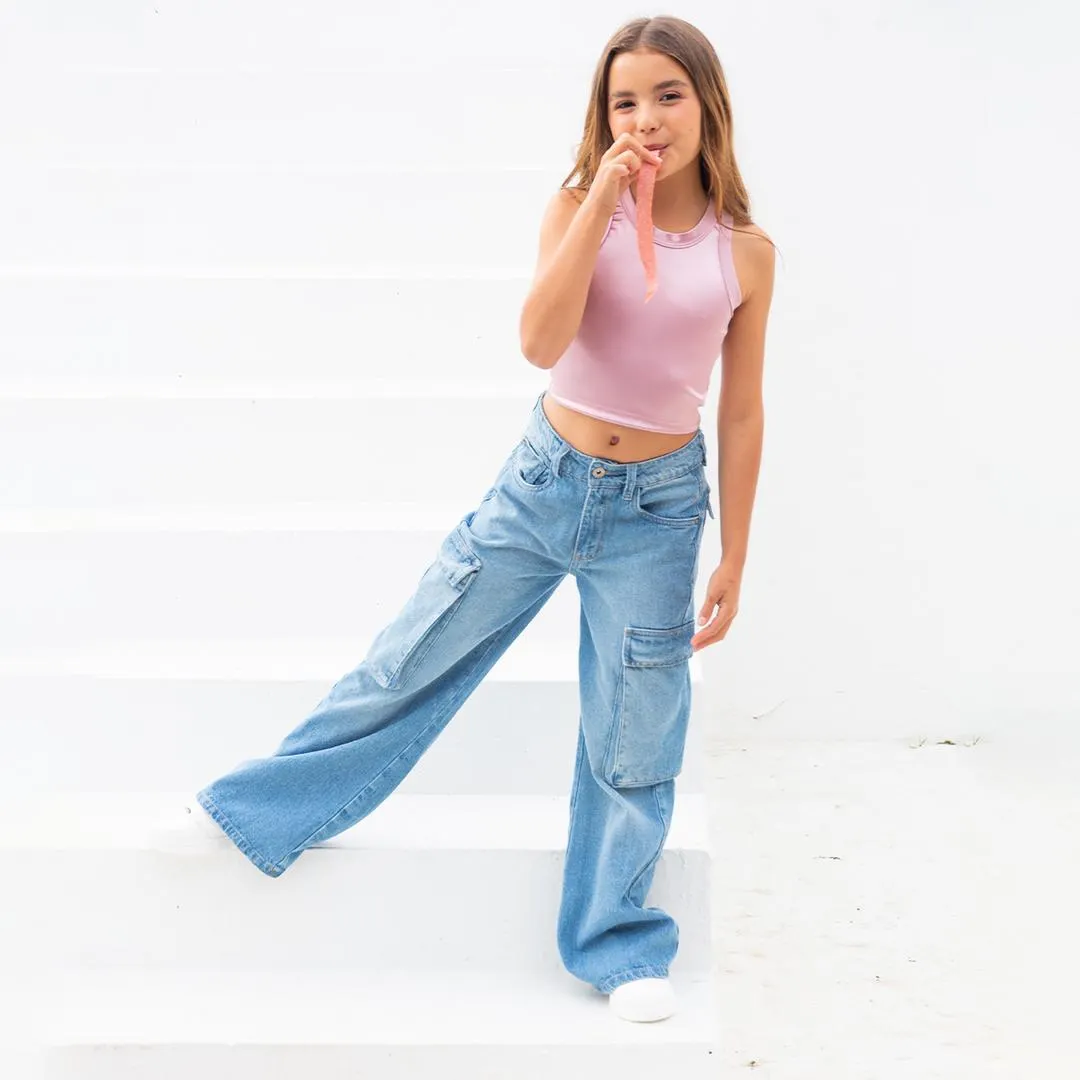 GLITTER DEMIN CARGO JEANS FOR GIRLS