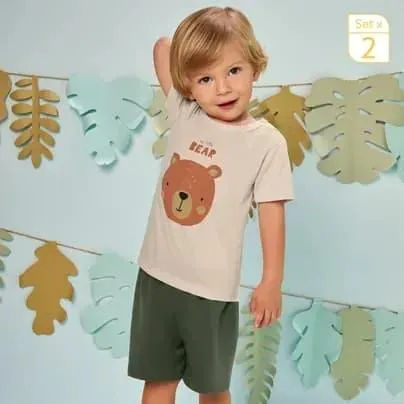 Muba Conjunto Camiseta manga corta + bermuda cintura ajustable verde RN niño 6/9