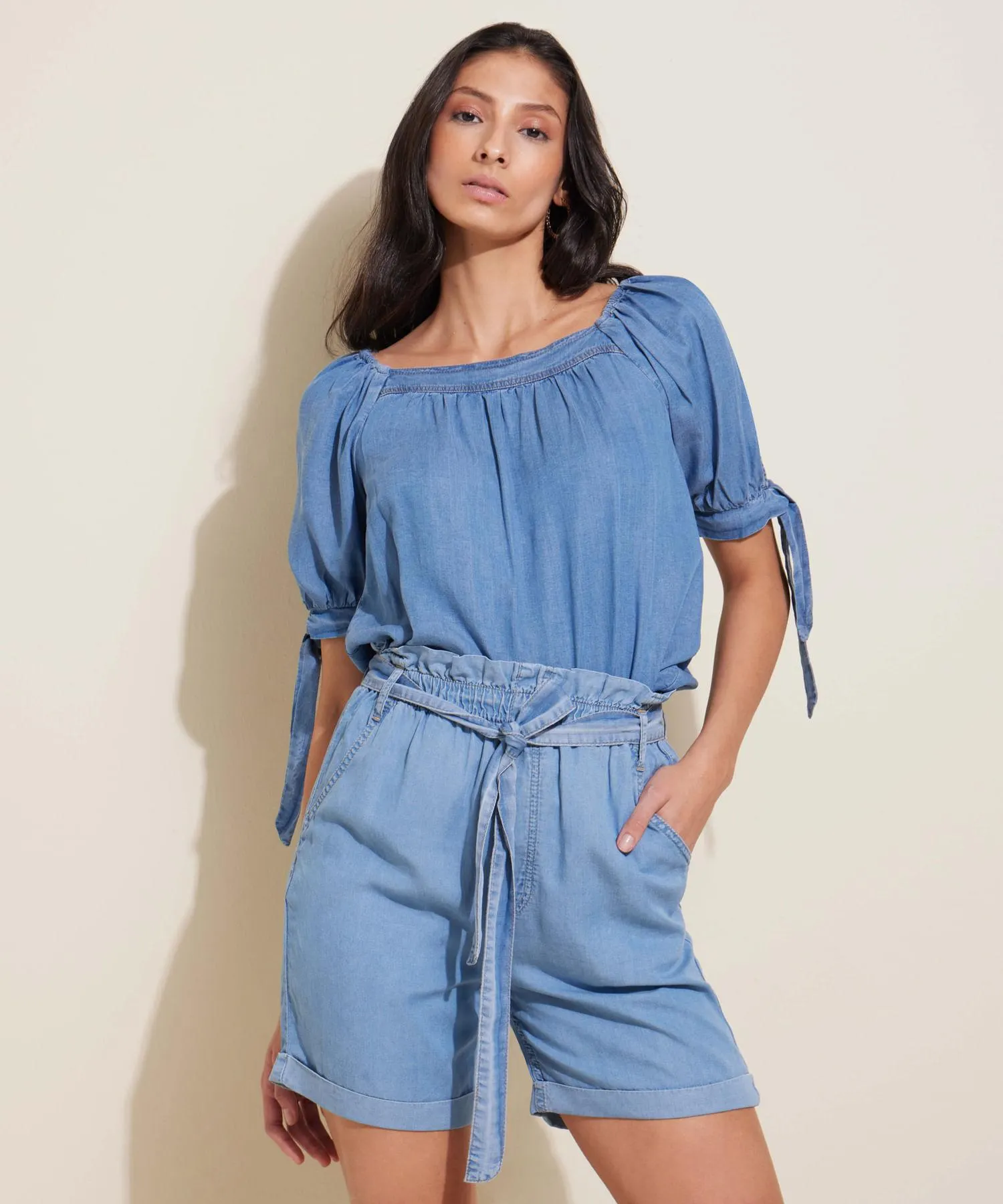 Bermuda Paperbag En Tono Azul Medio