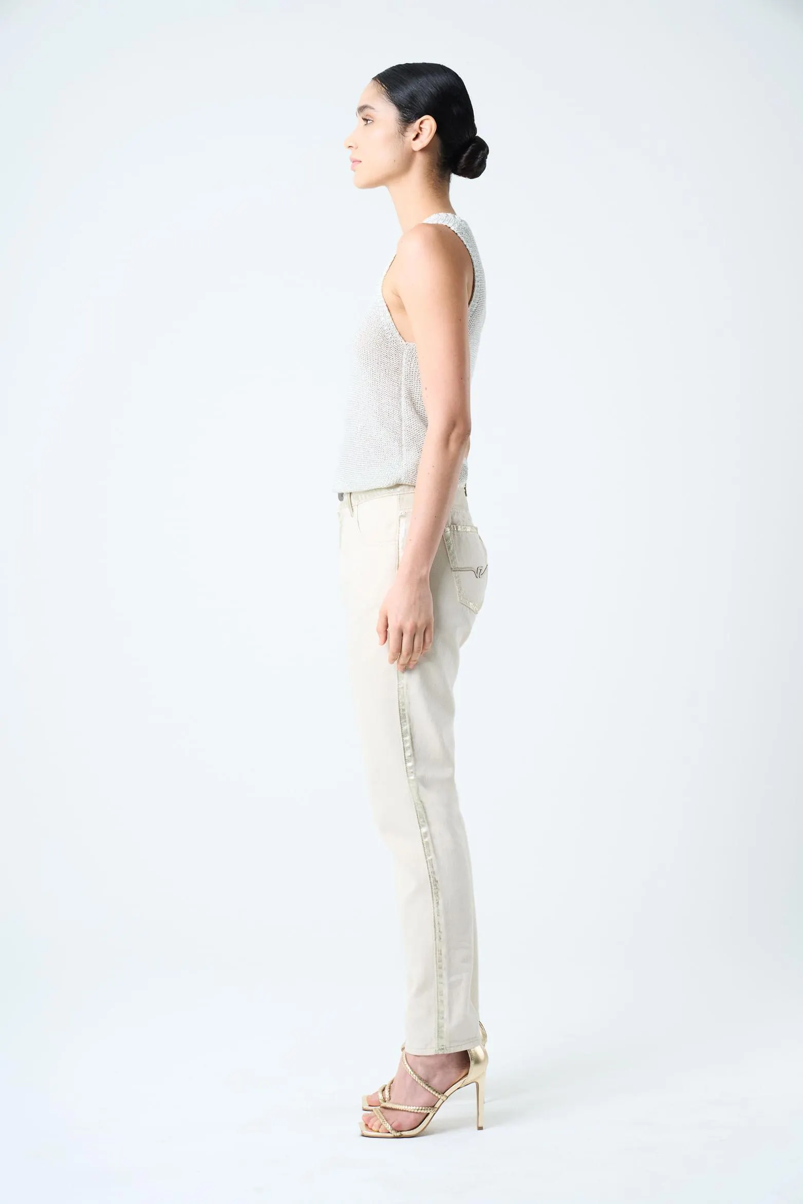 Jean Orquídea silueta mom fit en algodón y cáñamo para mujer detalle foil