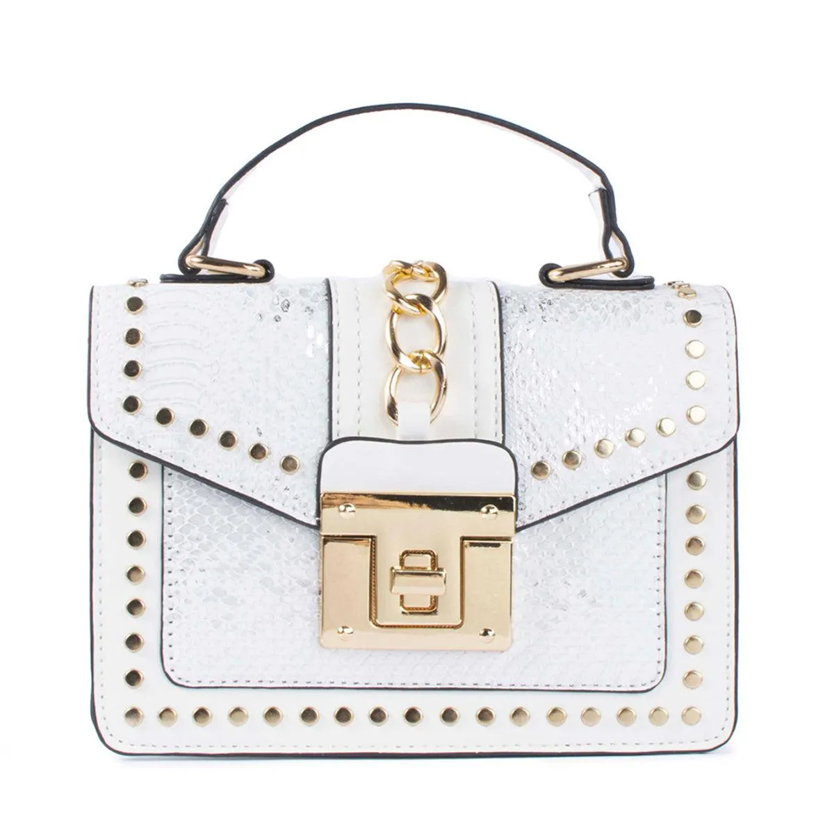 Bolso tipo bandolera color blanco con taches y textura reptil