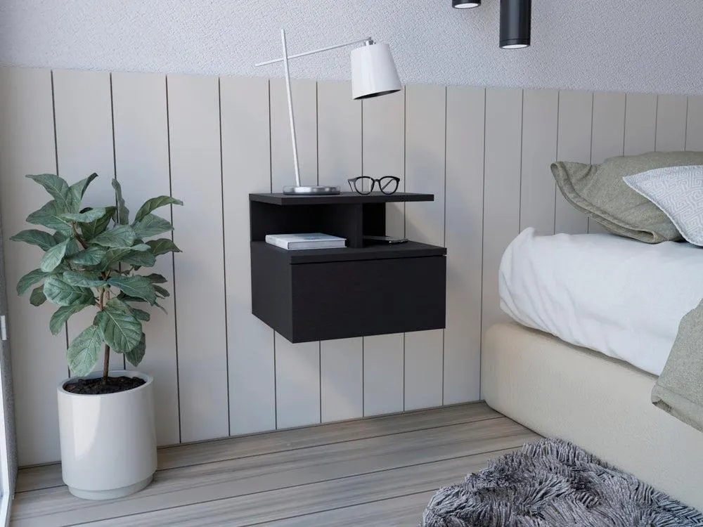 Mesa de noche flotante nube, wengue con un cajón y división de dos entrepaños zf