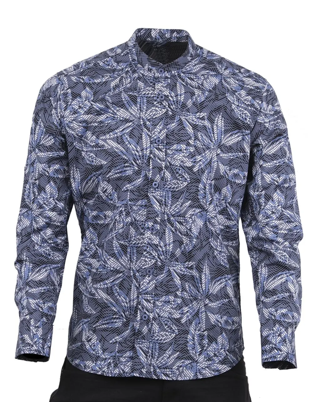 Camisa Manga Larga Cuello Neru Estampado Hojas Azules – Moldería slim
