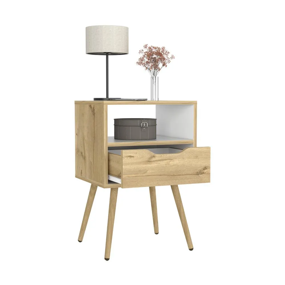 Mesa de Noche Alesio, Café Claro y Blanco, con Patas de Madera y Un Cajón