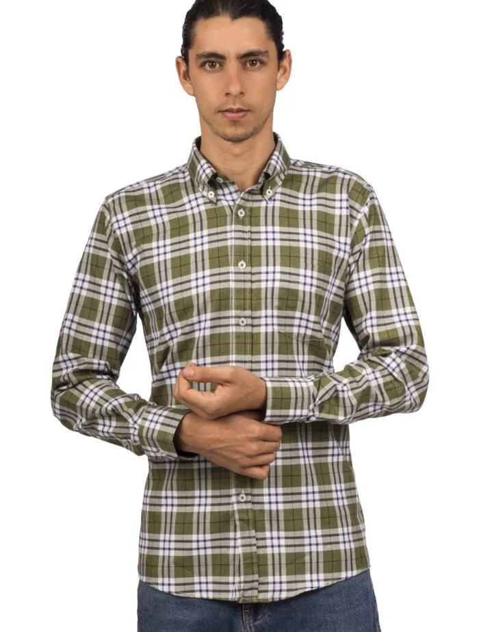 Camisa a Cuadros Manga Larga Blanca, Rayas Verdes y Azules – Moldería informal