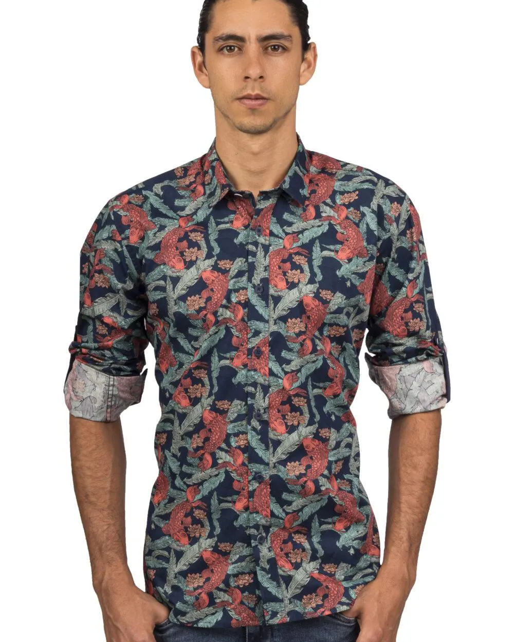 Camisa Manga Larga Azul Oscura Estampados Peces Azules – Moldería slim
