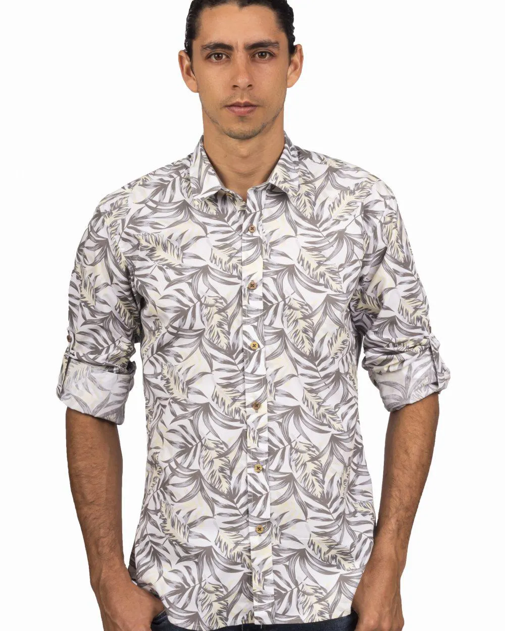 Camisa Manga Larga Estampado Hojas Gris Y Amarillo – Moldería slim