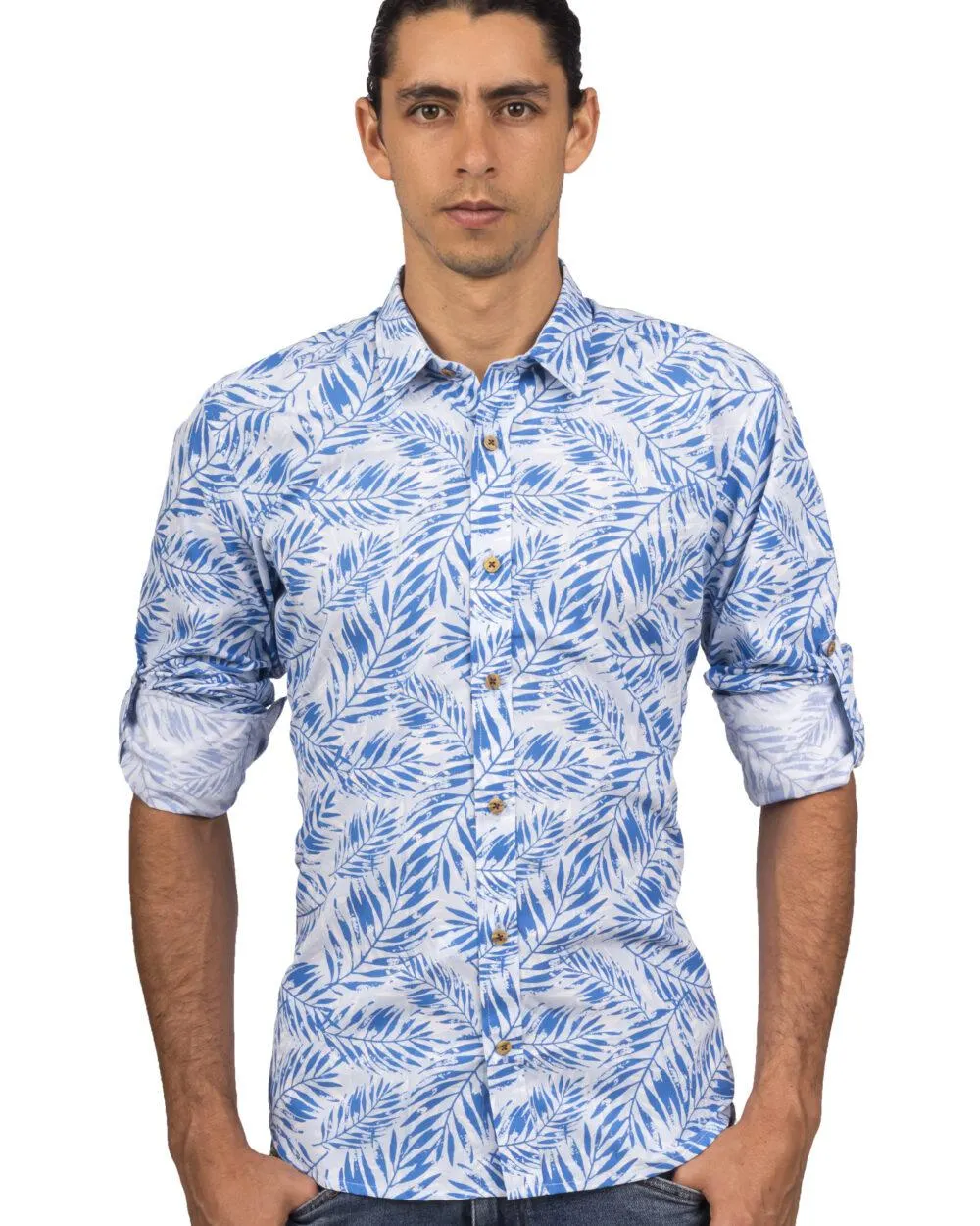 Camisa Manga Larga Estampado Hojas Azules – Moldería slim