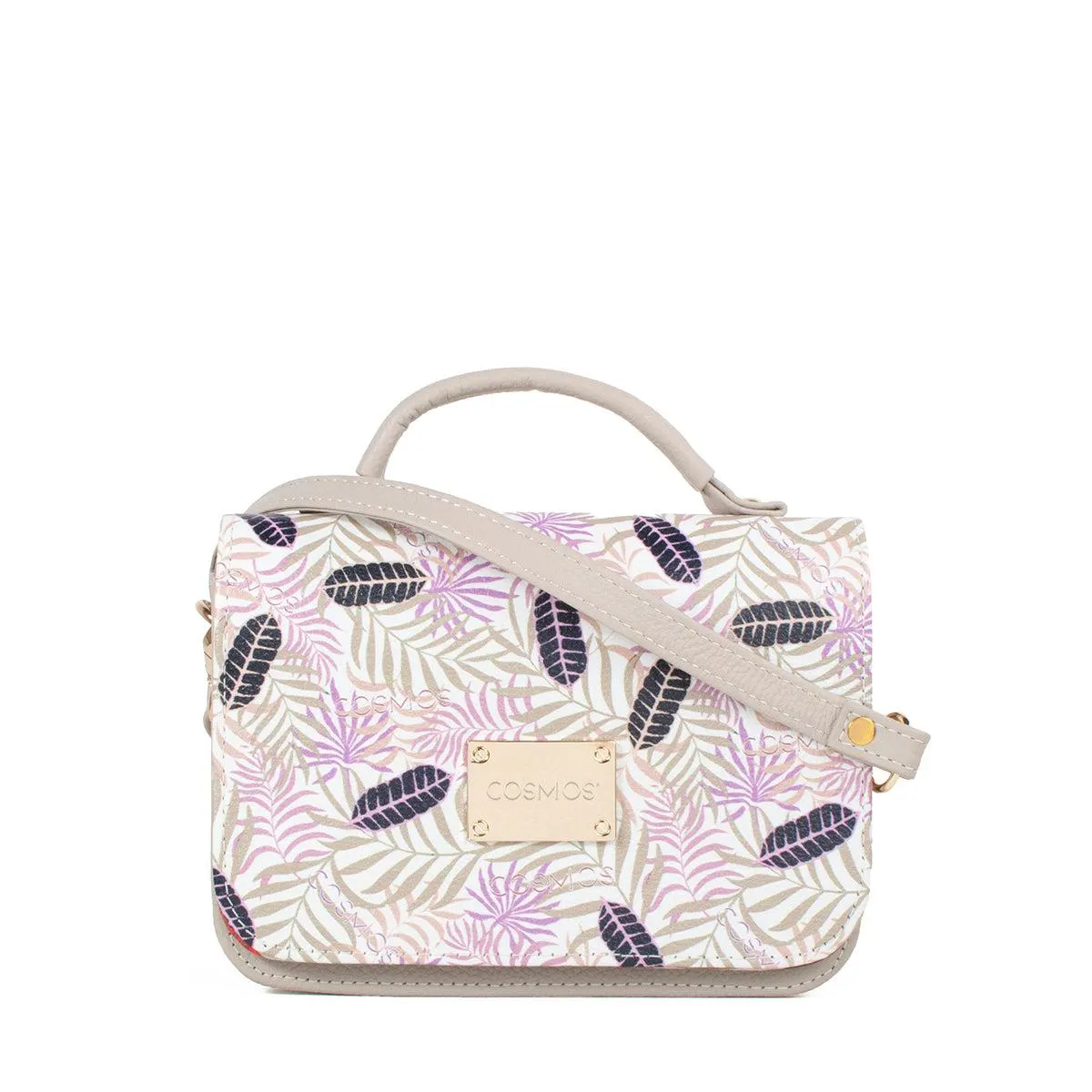 Bolso bandolera de cuero color beige con estampado frontal