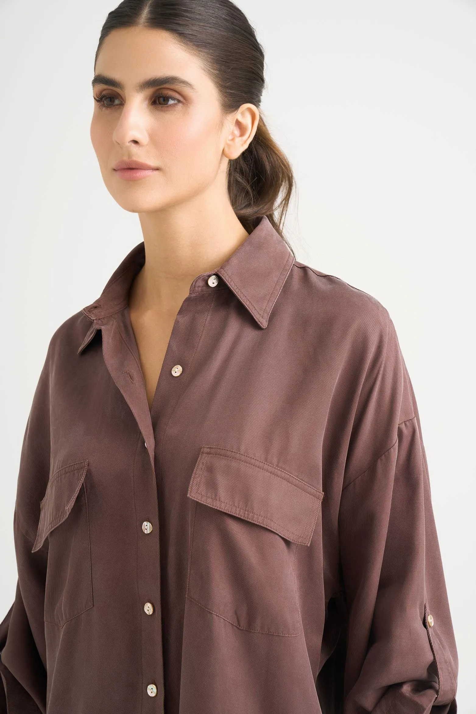 Camisa maxi misolis en tejido plano para mujer efecto diagonal