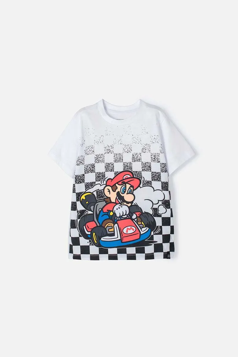 Camiseta de Mario Bros blanca con estampado desvanecido para niño