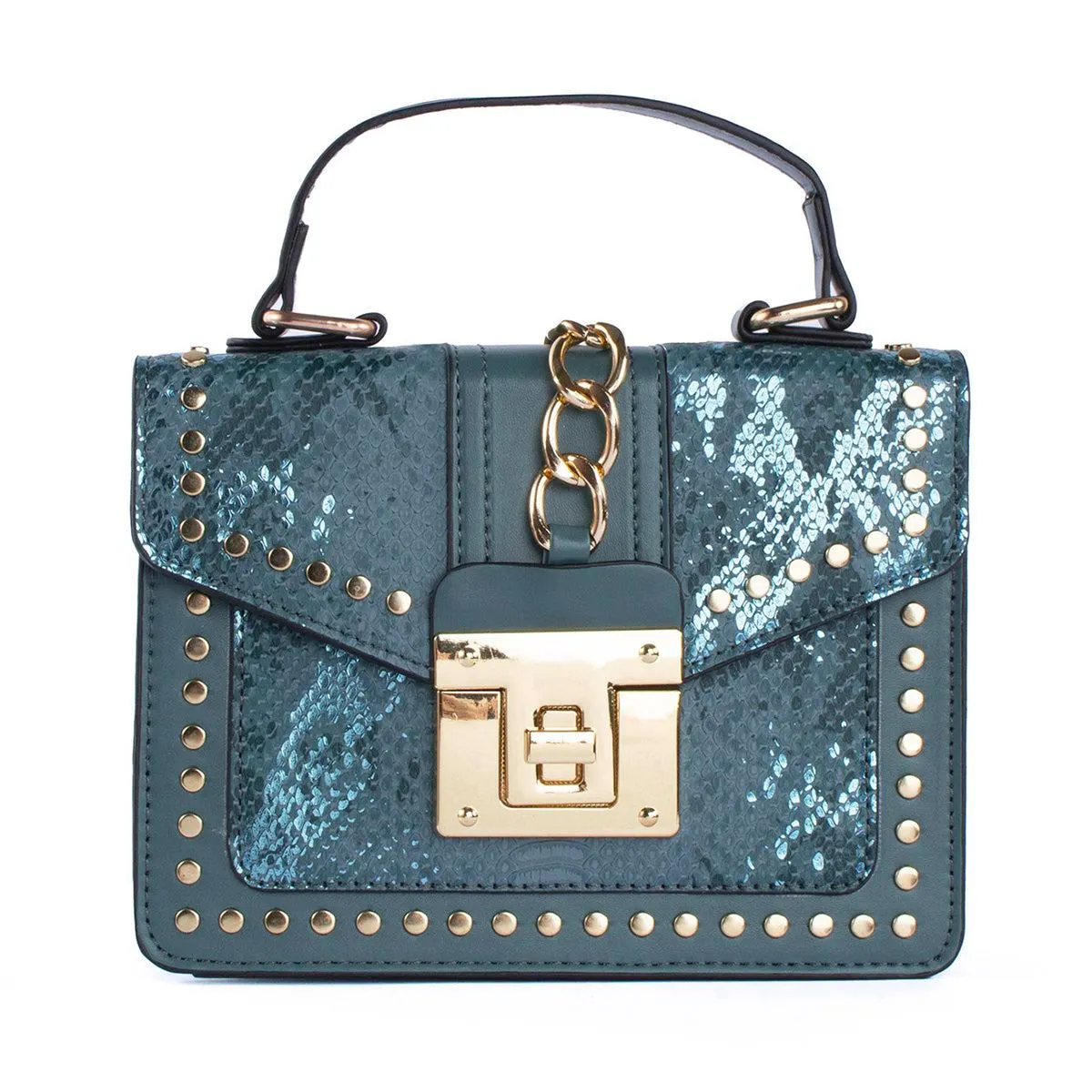 Bolso tipo bandolera color verde con taches y textura reptil