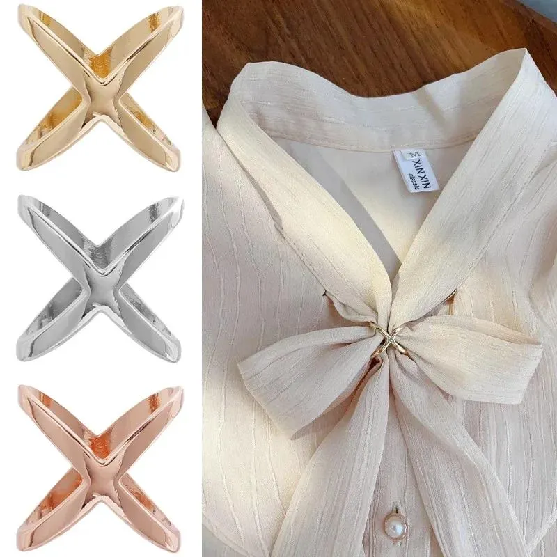 3colors X Shape Metal Brooches for Women Simple Cross Shawl Ring Clip Buckle Scarf Holder Female Jewelry Accessories Gifts