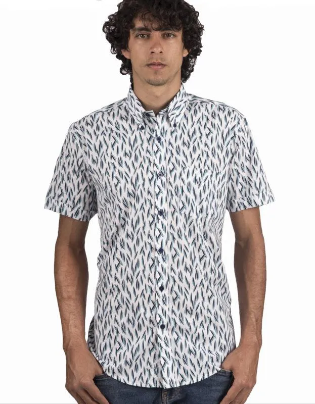 Camisa Manga Corta En Algodón Estampado Canoas Aguamarina Y Azul – Moldería informal