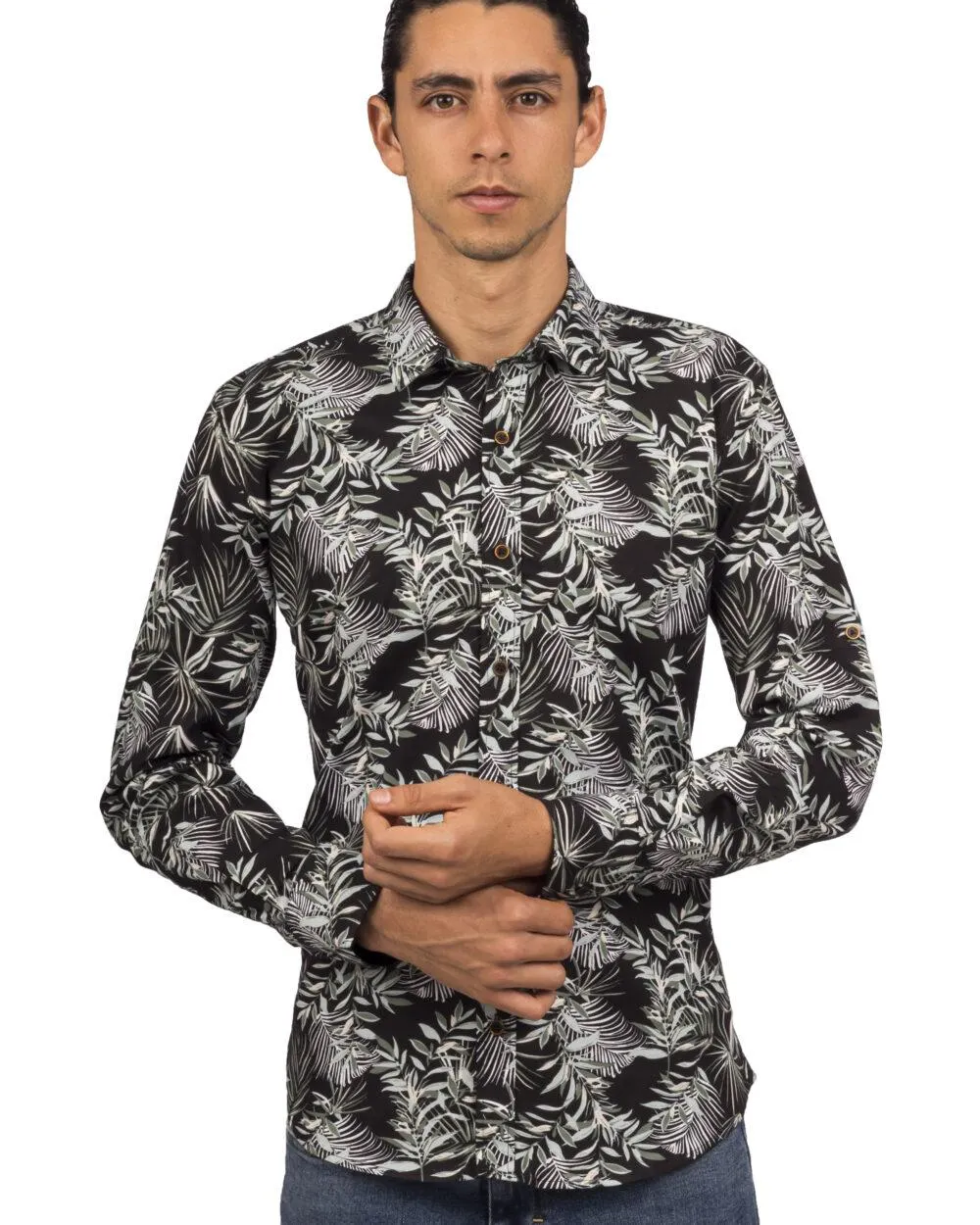 Camisa Manga Larga Negra Estampado Hojas Tropicales Verde y Blanco – Moldería slim