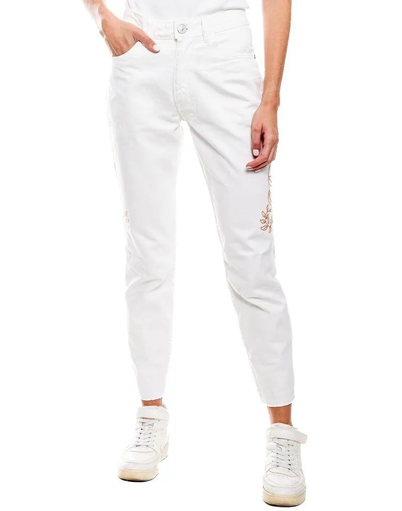 Pantalón High Waist Con Detalle Bordado De Flores