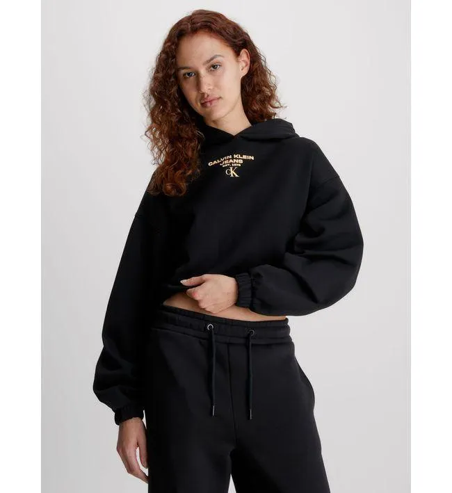 Saco Negro Cropped Con Gorro Y Logo