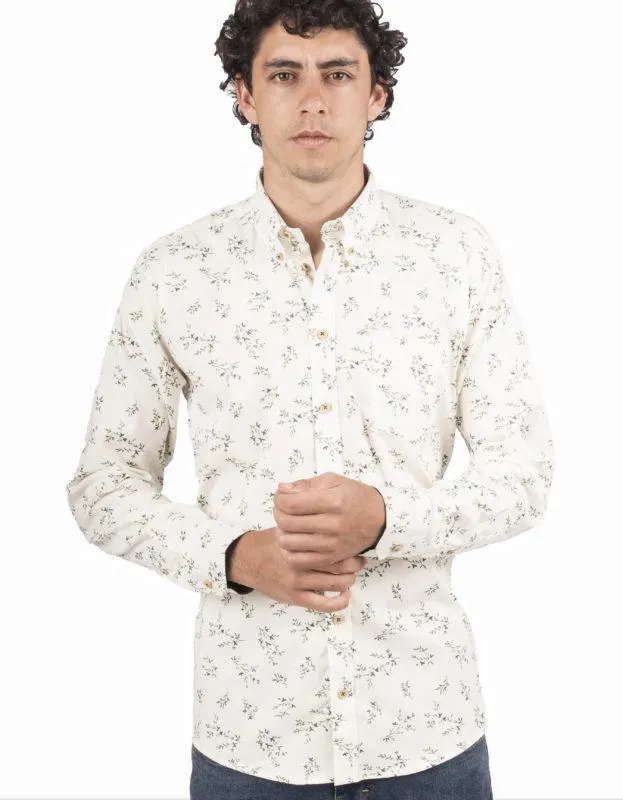 Camisa Manga Larga Color Crema Print Hojas Verde Oliva – Moldería informal