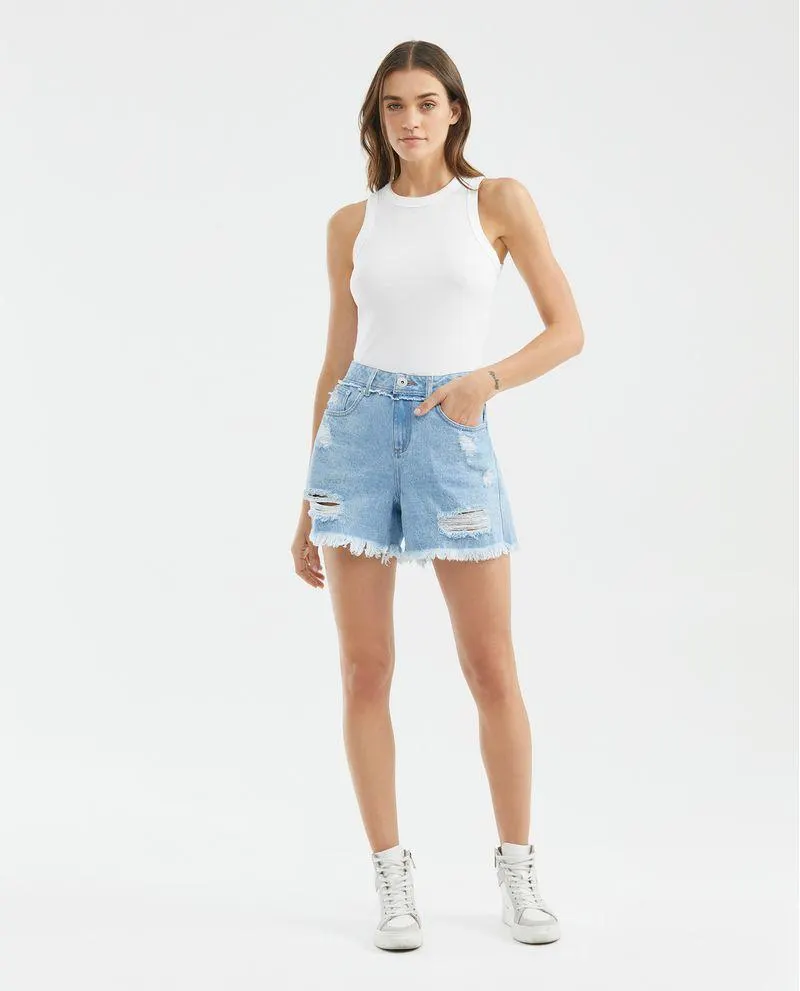 Short de Mujer en Denim, High Rise - Azul Claro Pretina Renovada + Rotos