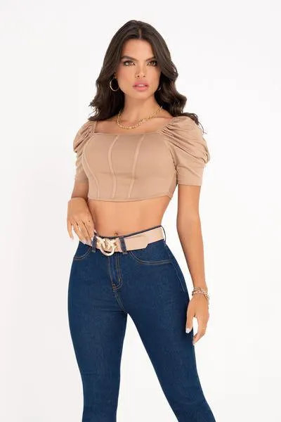 CROP TOP MANGA CORTA Café