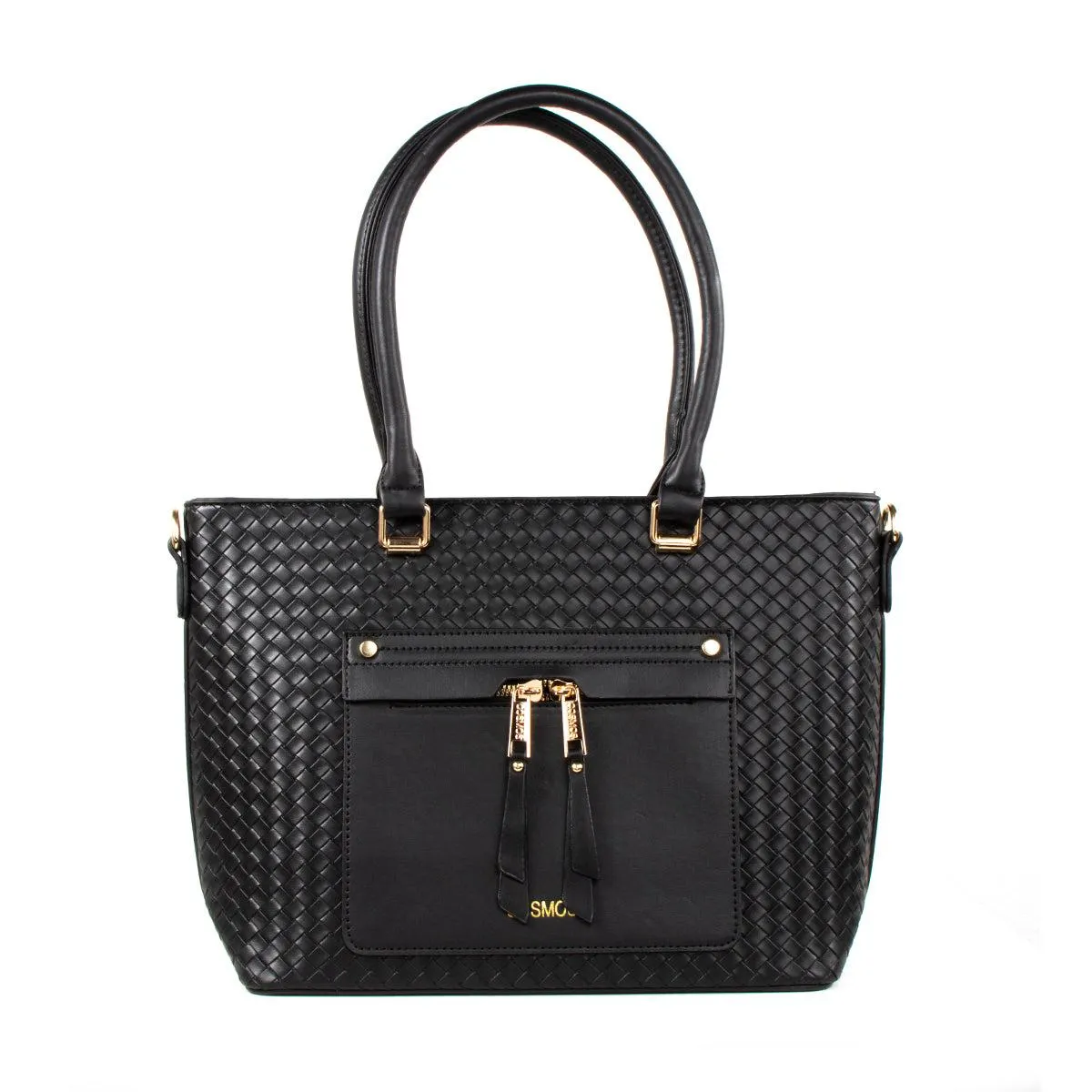 Bolso tipo shopping color negro con bolsillo frontal, para dama