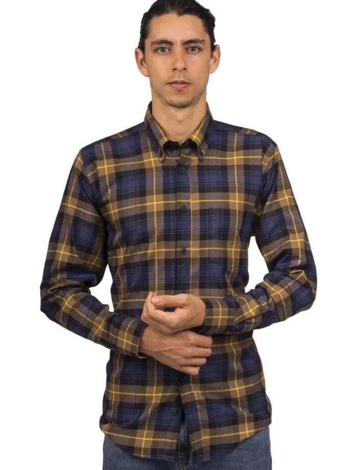Camisa a Cuadros Azules y Rayas Amarillas Manga Larga – Moldería informal