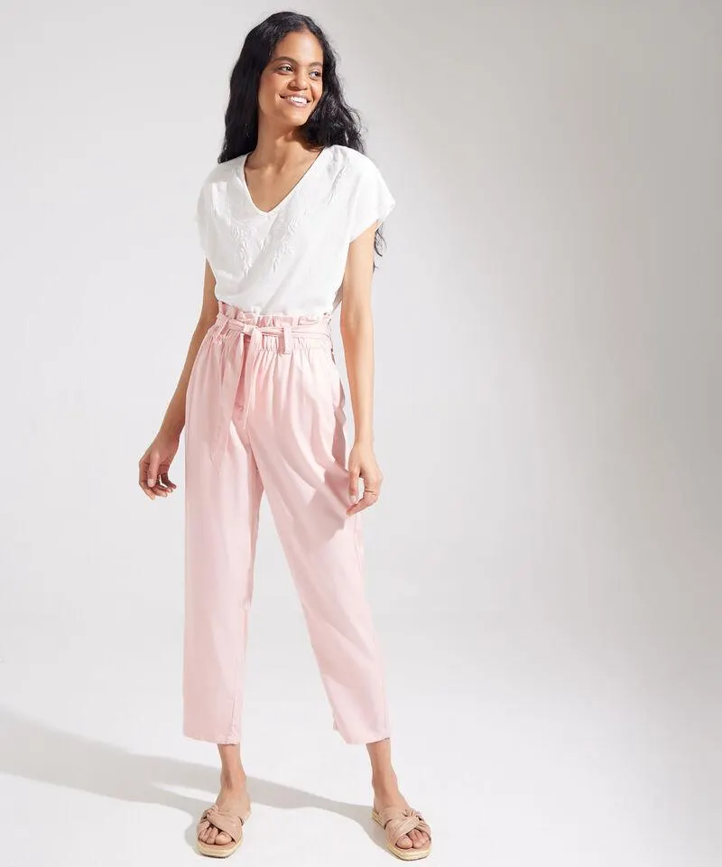 Pantalón Unicolor Paperbag Con Cinturón De Amarre