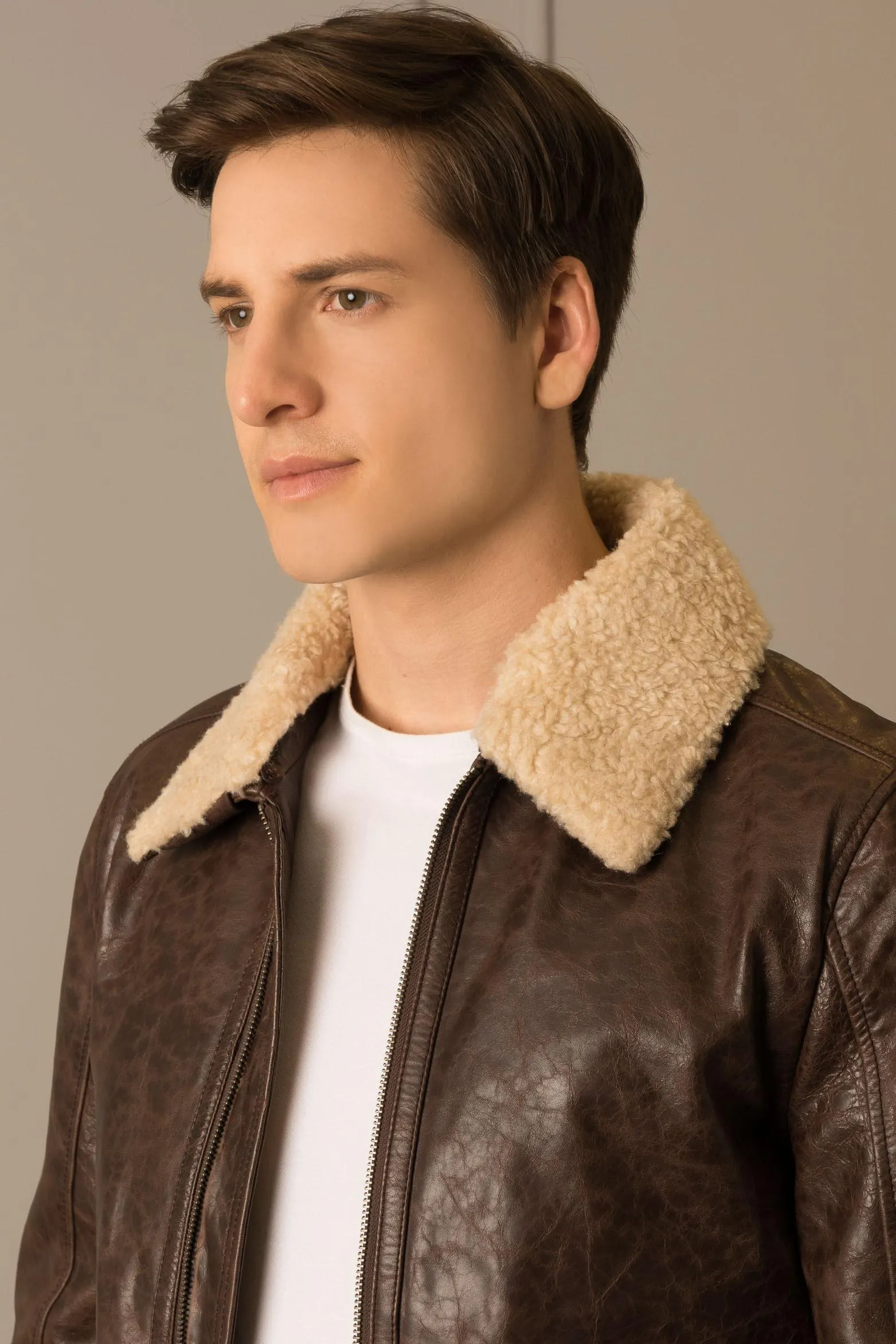 Chaqueta aviador amber de cuero para hombre cuello ovejero Cafe