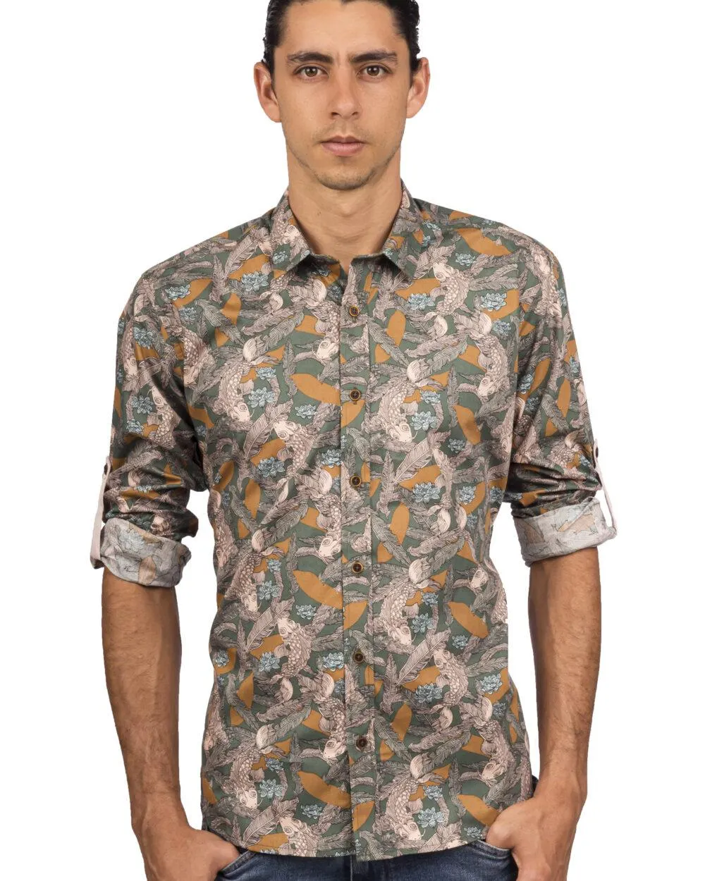 Camisa Manga Larga Estampados Peces Verdes – Moldería slim