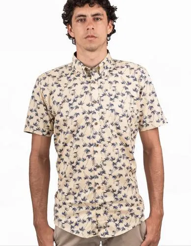 Camisa Manga Corta Color Amarillo Claro Estampado Palmeras Azul Oscuro – Moldería informal