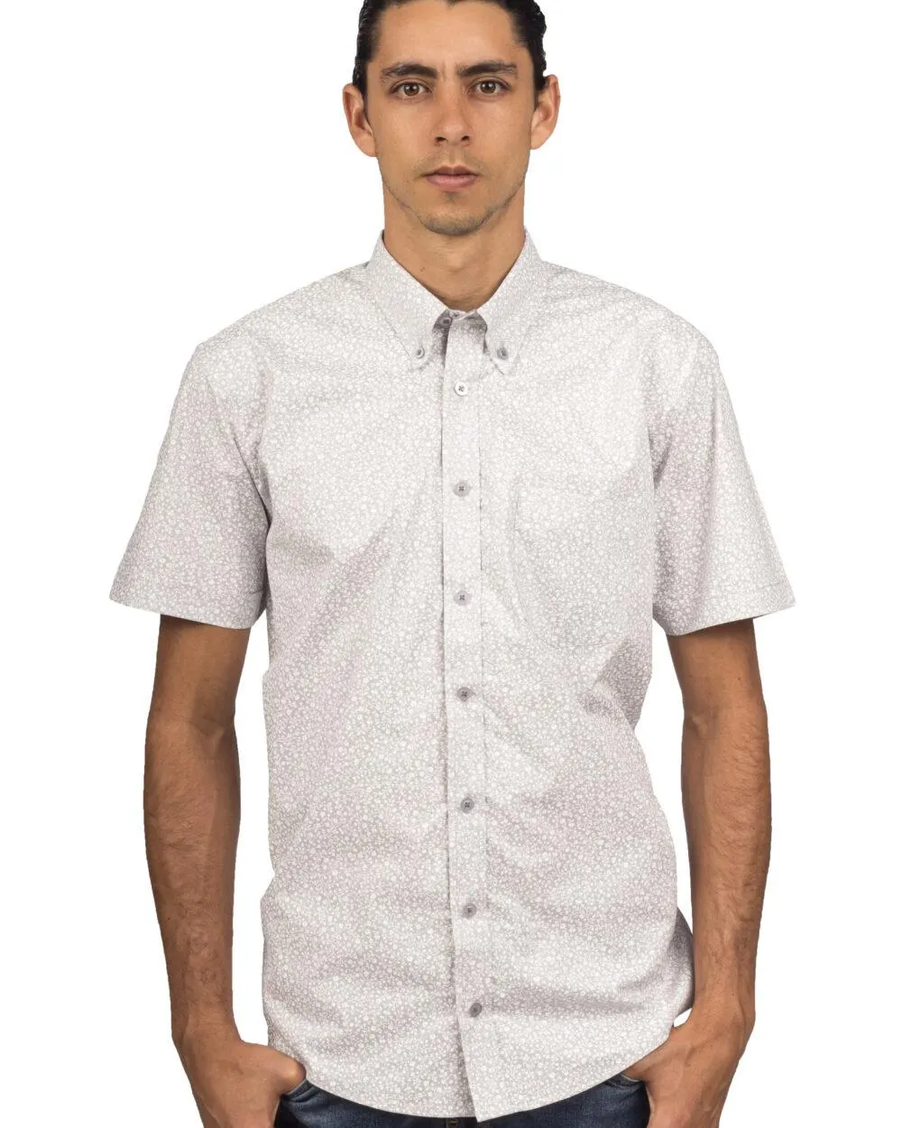 Camisa Manga Corta Gris Claro Print Flores Blancas – Moldería informal