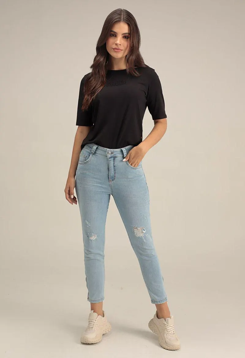 Jean vaquero tiro alto bota tubo con bolsillo