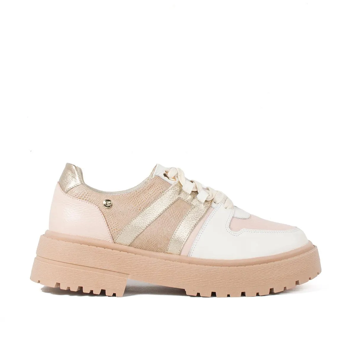 Ataduras en cuero color talco con franjas metalizadas y texturizado