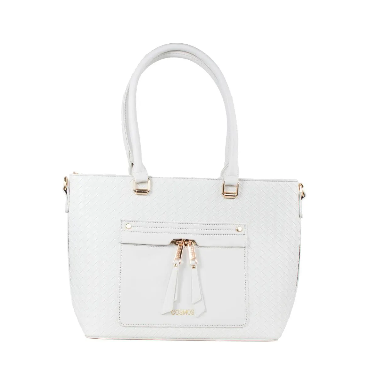 Bolso tipo shopping color blanco con bolsillo frontal, para dama